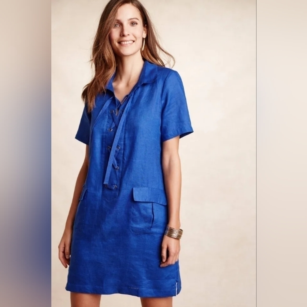 Anthropologie Lace-Up Linen Dress by Maeve, Royal Blue, Size XS - US 2